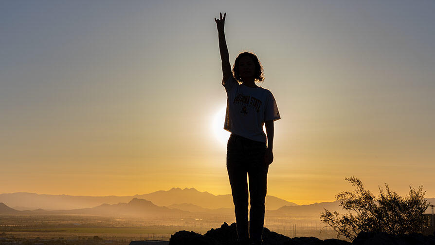 Silhouette of student on mountain side